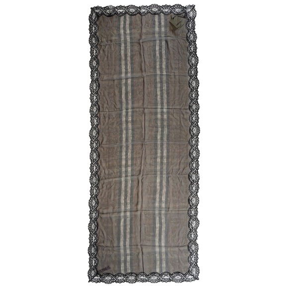 Burberry Scarf Lace Border Distress Check Chiffon New - Picture 2 of 5
